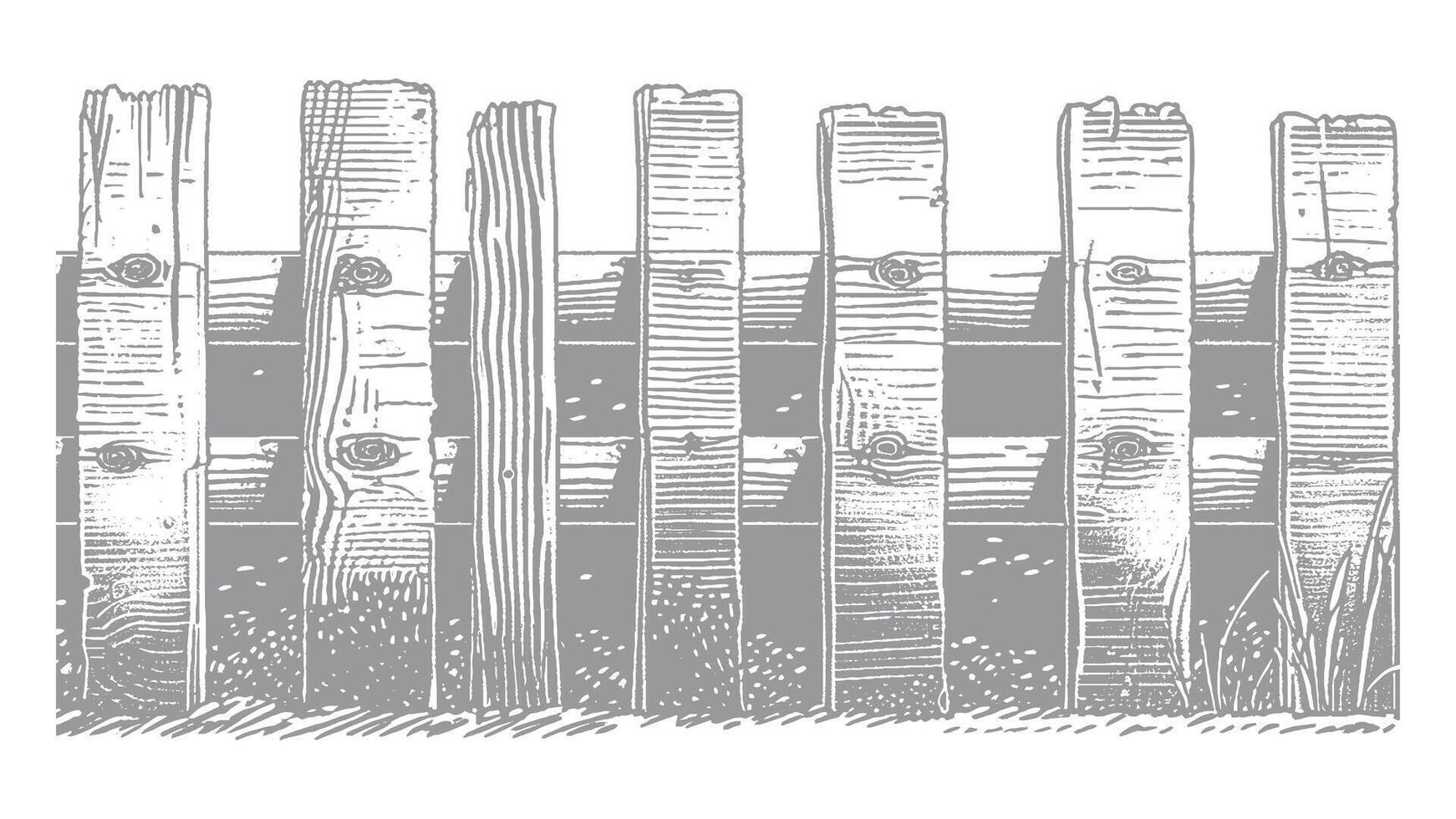 Hand-drawn wooden fence with grass and weeds in the countryside vector