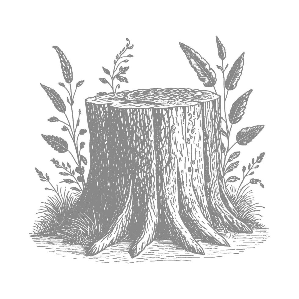 Hand-drawn illustration of a weathered tree stump with surrounding flora vector