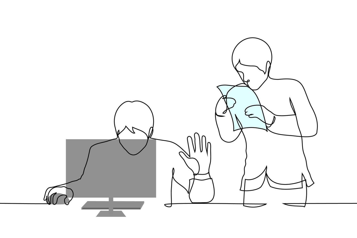male boss and subordinate worker man - one line art . concept man busy at computer put hand in STOP gesture for male employee approaching him with documents vector