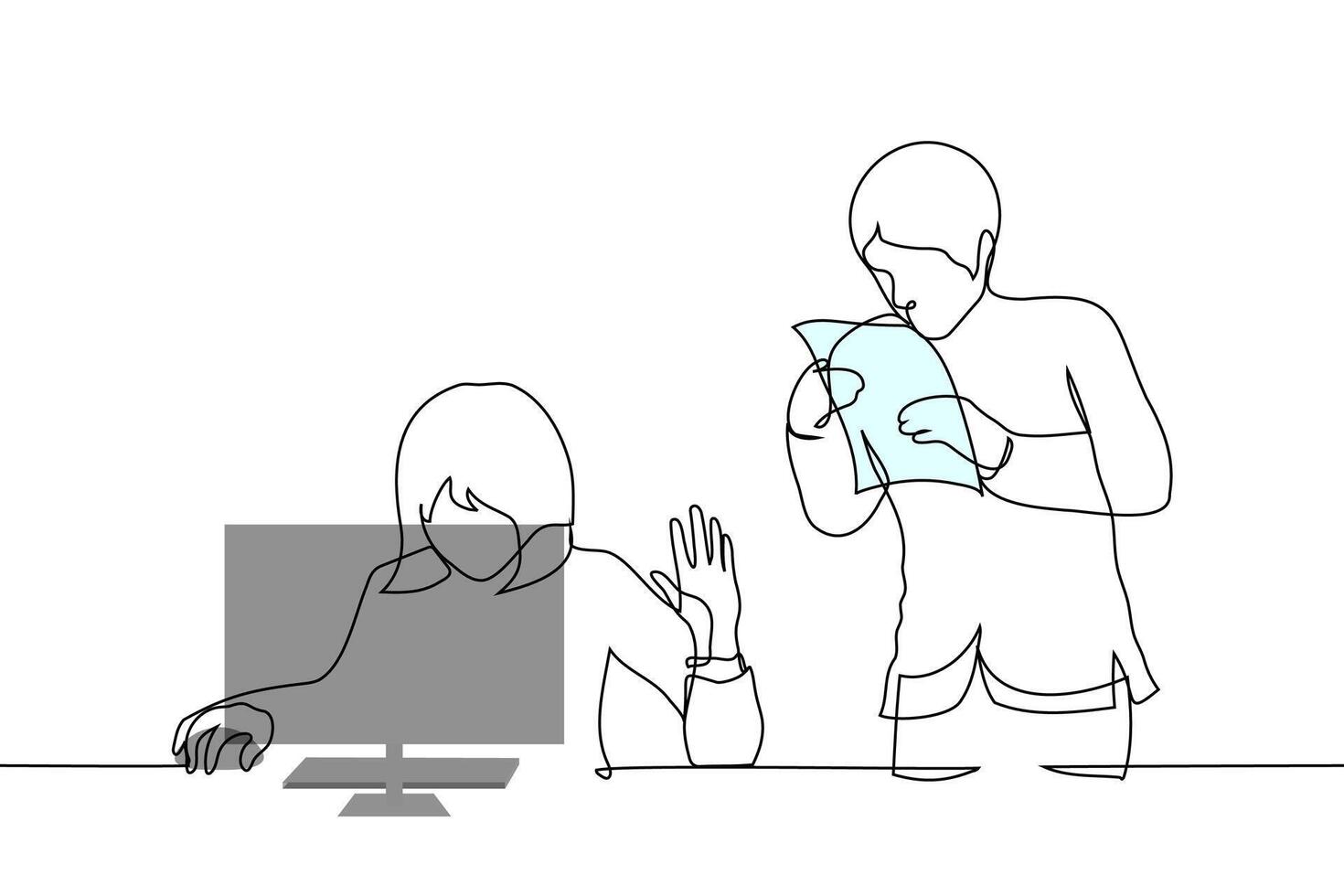 woman boss and man subordinate - one line art . concept woman busy at computer put her hand in STOP gesture for man approaching her with documents vector