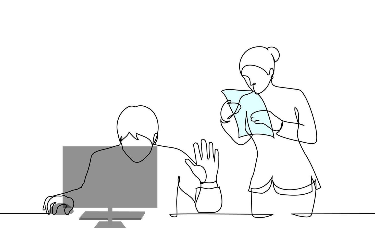 male boss and female subordinate - one line art . concept man busy at computer put hand in STOP gesture for female employee approaching him with documents vector