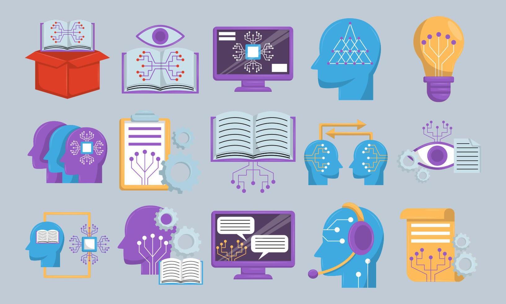 Artificial Intelligence and Machine Learning Icon Set in Flat Design vector