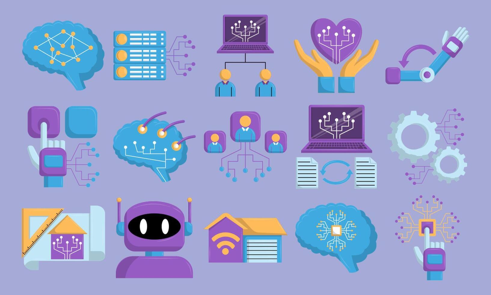 Artificial Intelligence and Robotics Icon Set in Flat vector