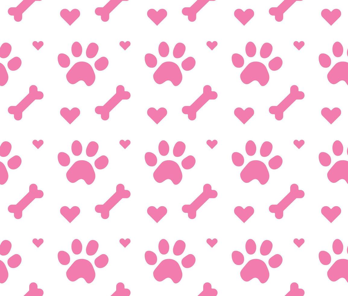 Paw with Dog Bone and heart seamless pattern. Footprint pet Paw vector