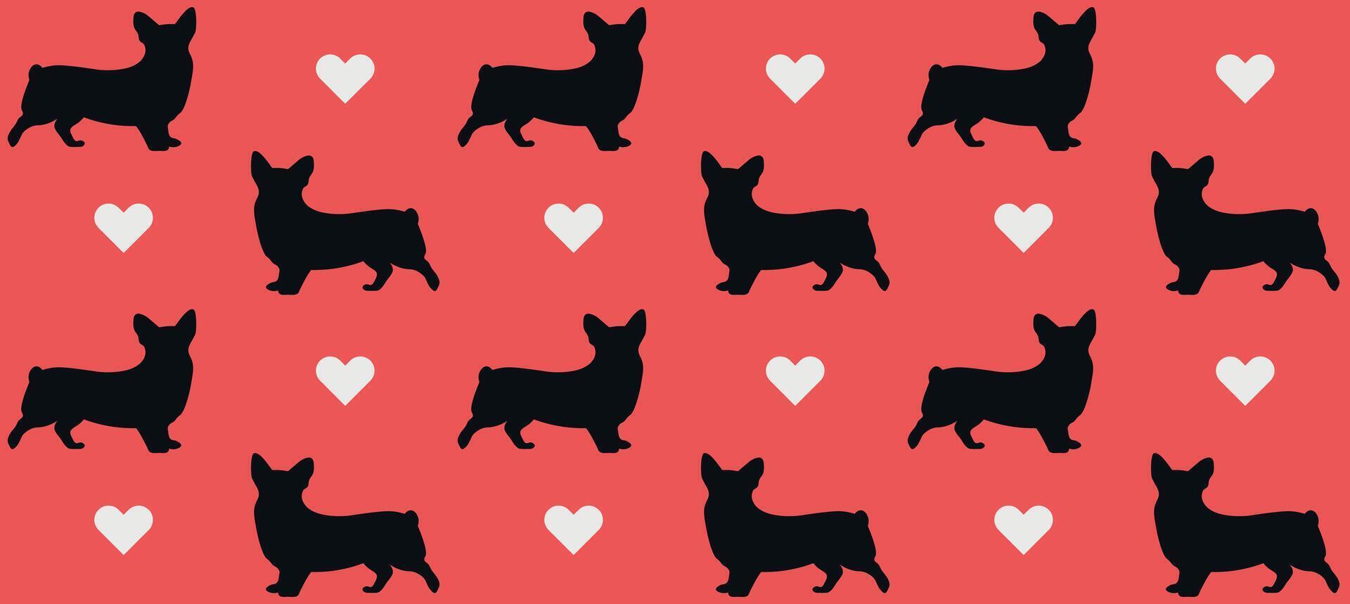 Corgi with hearts seamless pattern on red background. vector