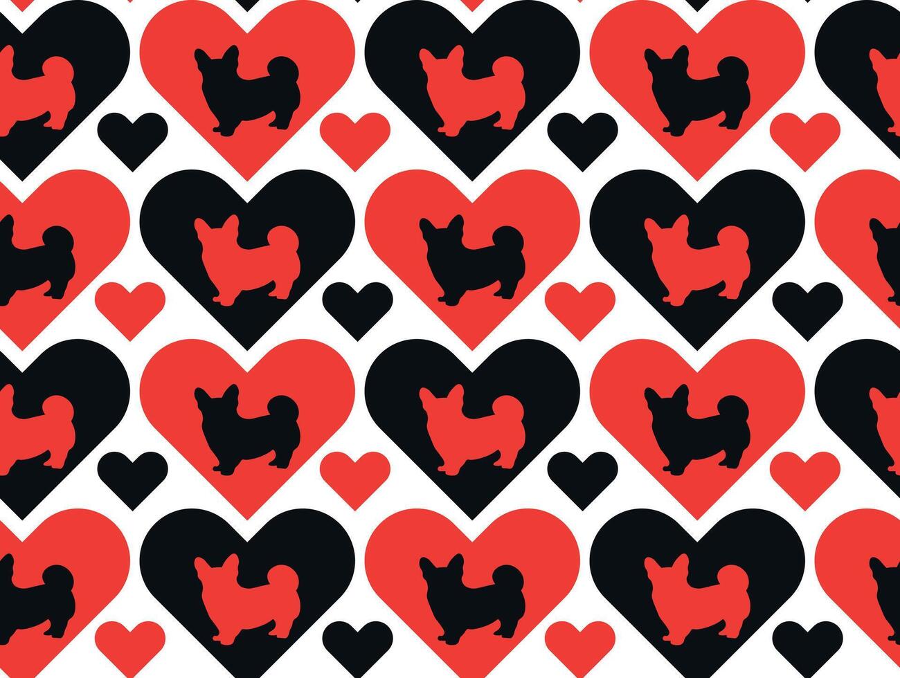 Corgi with red and black hearts seamless pattern. vector