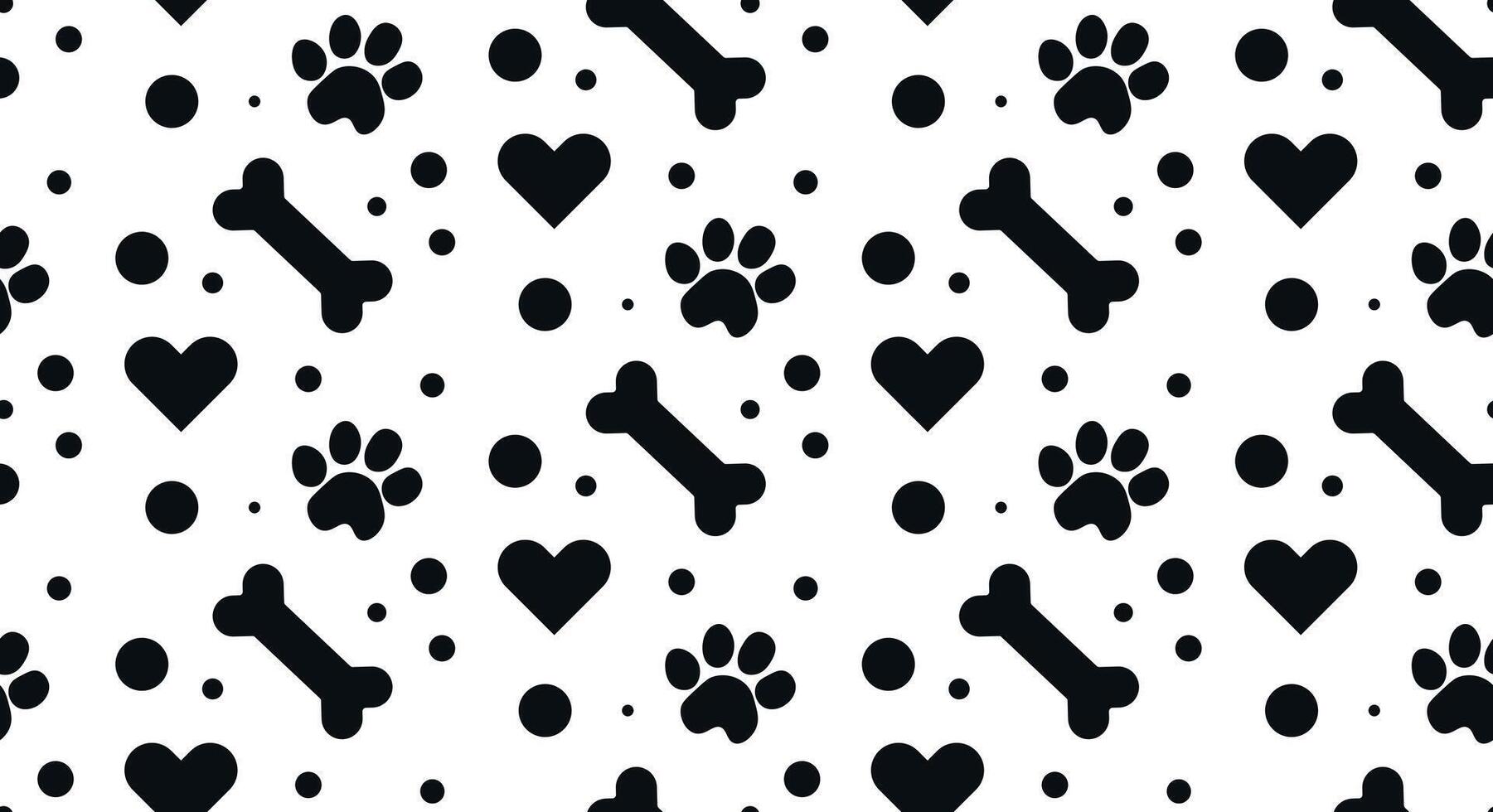 Black Paw, heart and Dog Bone seamless pattern. Footprint pet Paw vector