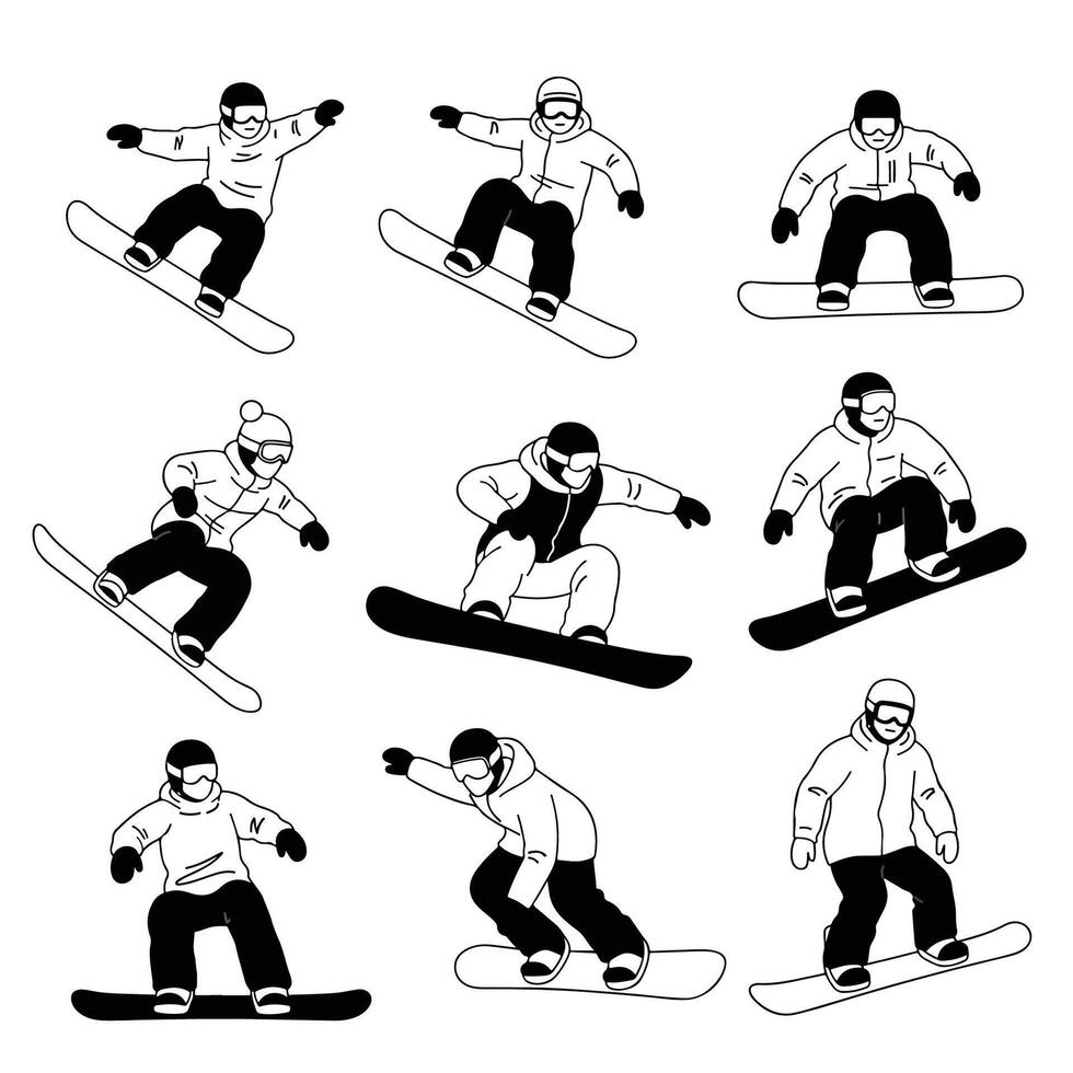 Snowboarder figures collection skiing on white vector