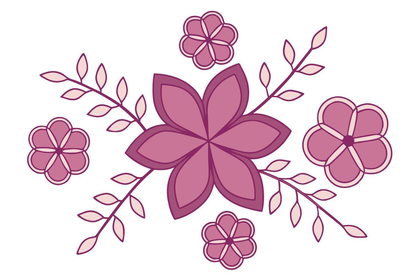Decorative floral arrangement in shades of pink and purple with delicate leaves vector