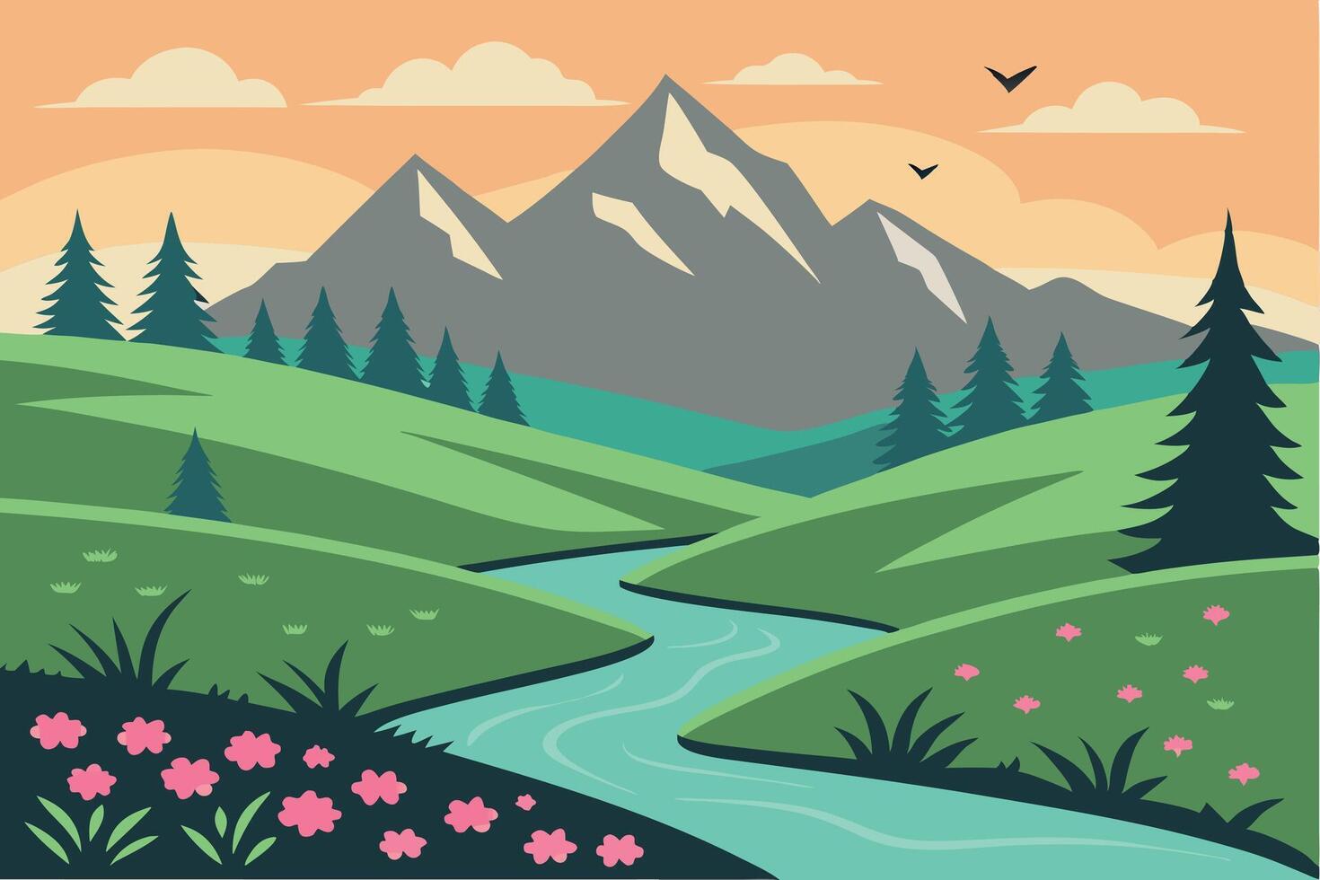 illustration of a scenic mountain landscape with river and evergreen trees. vector
