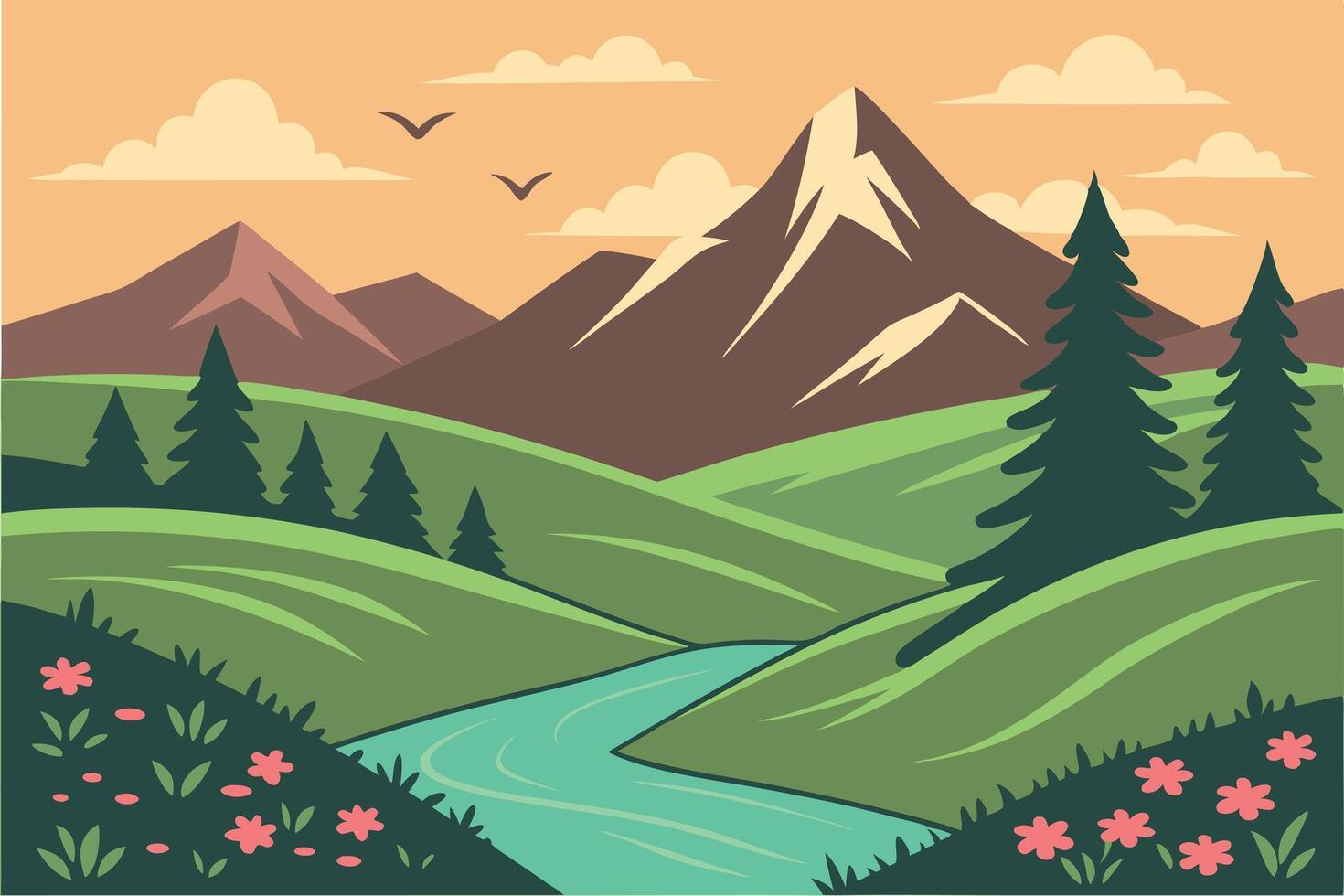 Flat landscape illustration with mountains river trees clouds and birds in vibrant colors vector