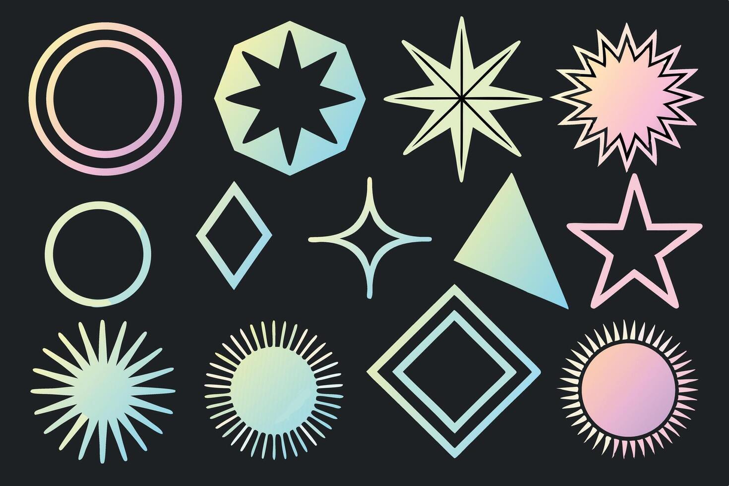 Geometric shapes and stars in pastel gradient colors on a black background vector