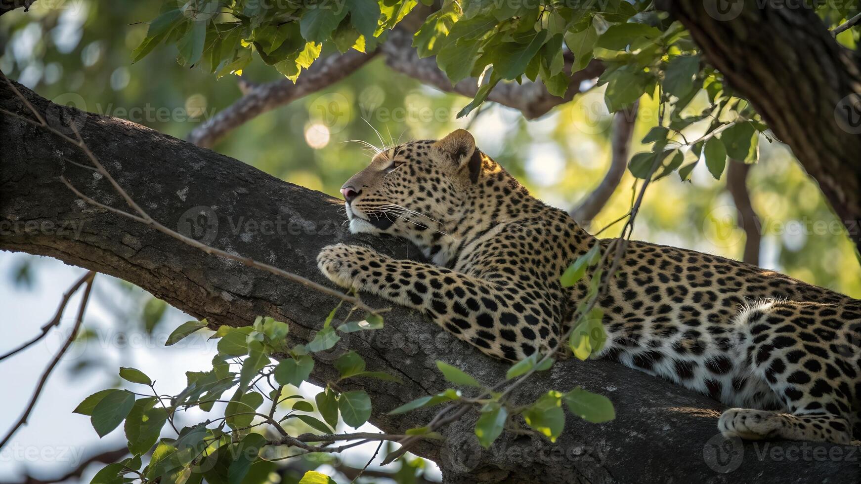 A leopard is resting on a tree branch photo