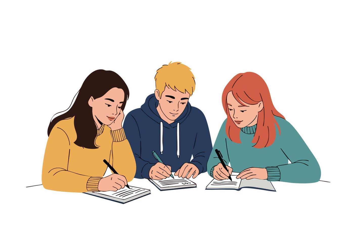 Students working together on school assignment homework vector