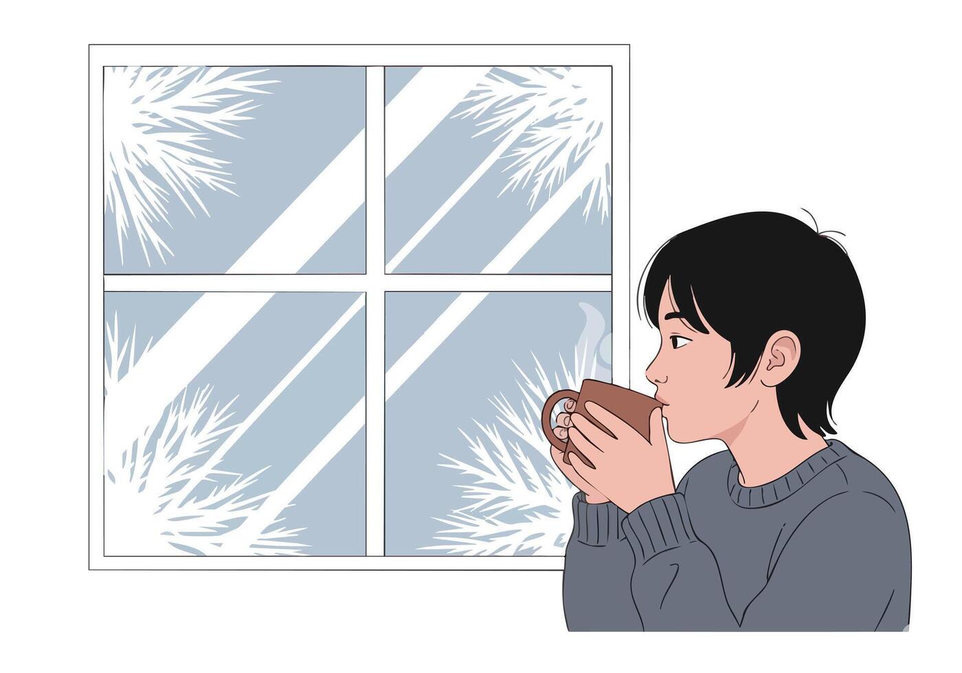 Young man enjoying hot drink winter scene vector