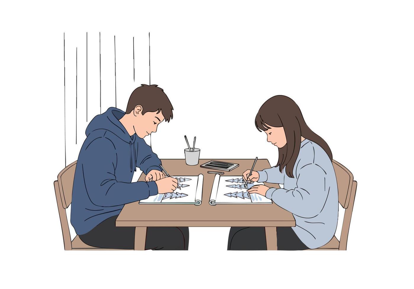 Children drawing trees at table art activity vector