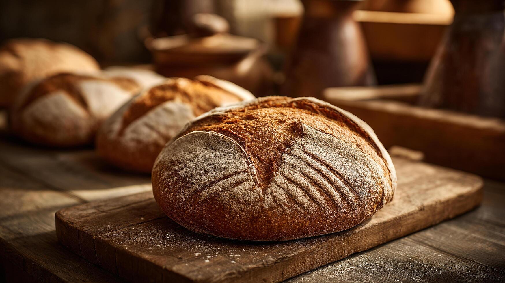 Realistic textures of homemade artisan bread on cutting board photo