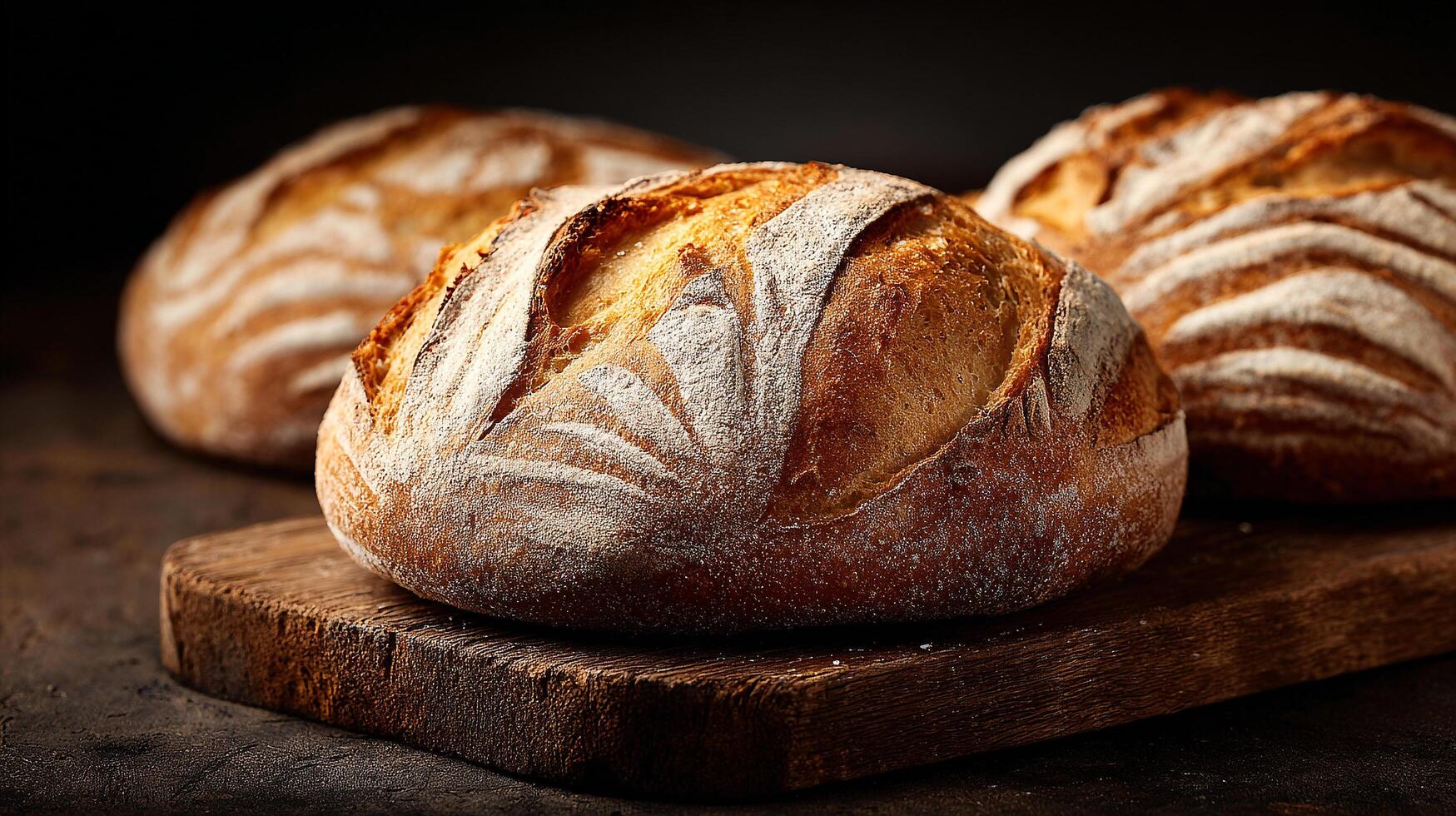 Realistic artisan bread displayed on vintage wooden table photo