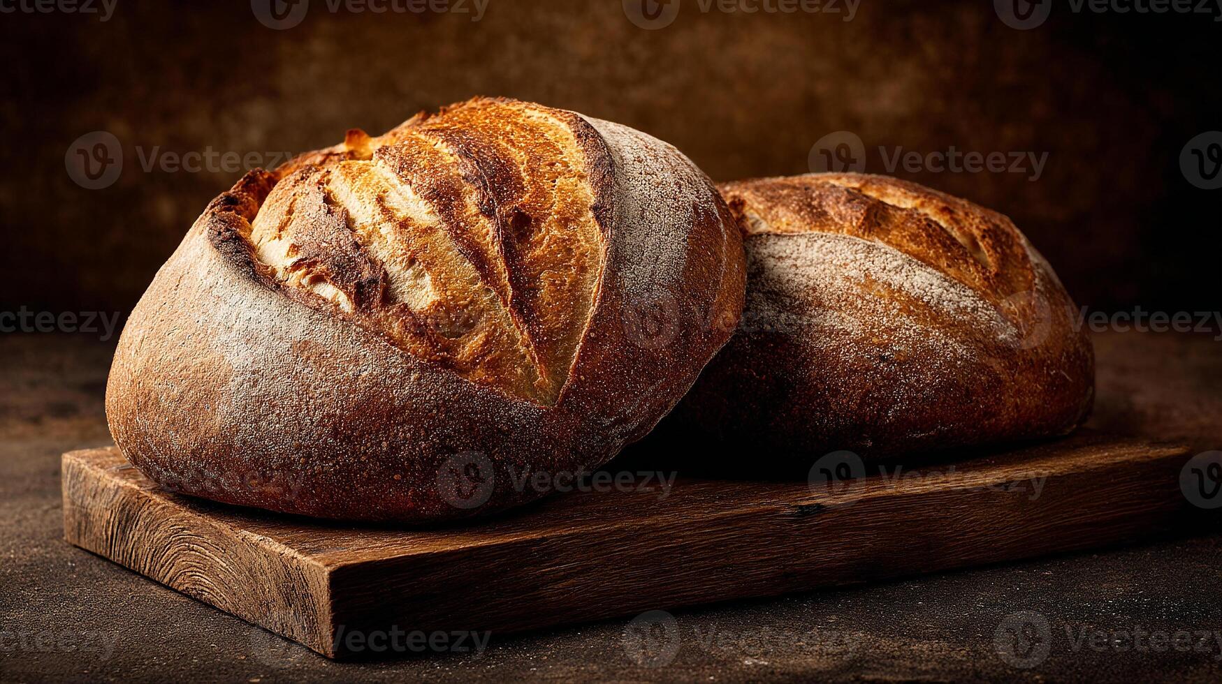 Golden baked bread resting softly on wooden cutting board photo