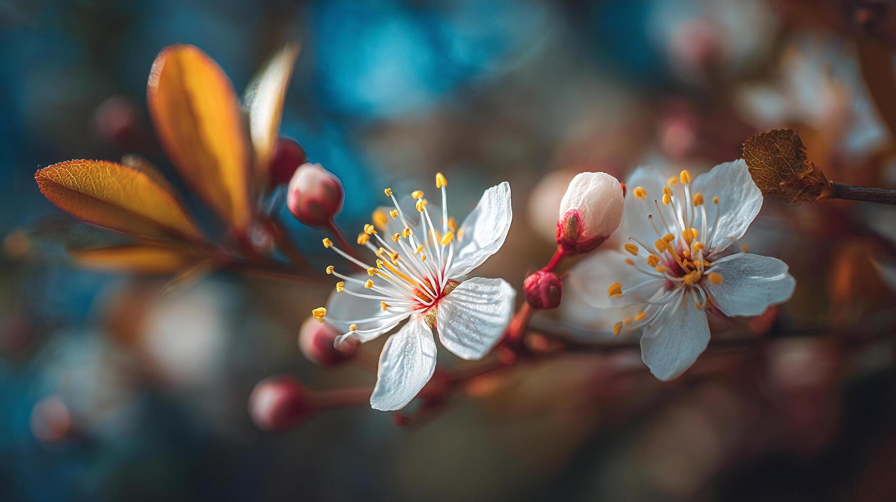 Bold flower detail on tree limb with soft dreamy bokeh photo