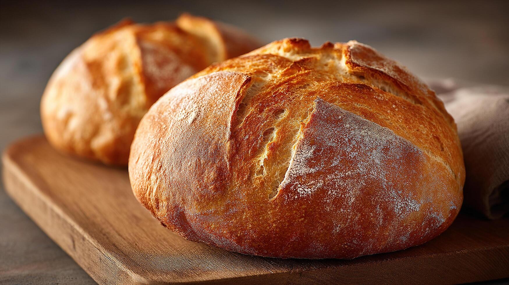 Rustic wooden table holding artisan bread with perfect light photo