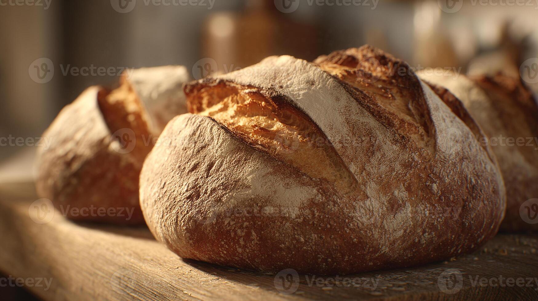 Artisan bread glowing with life on wood surface photo