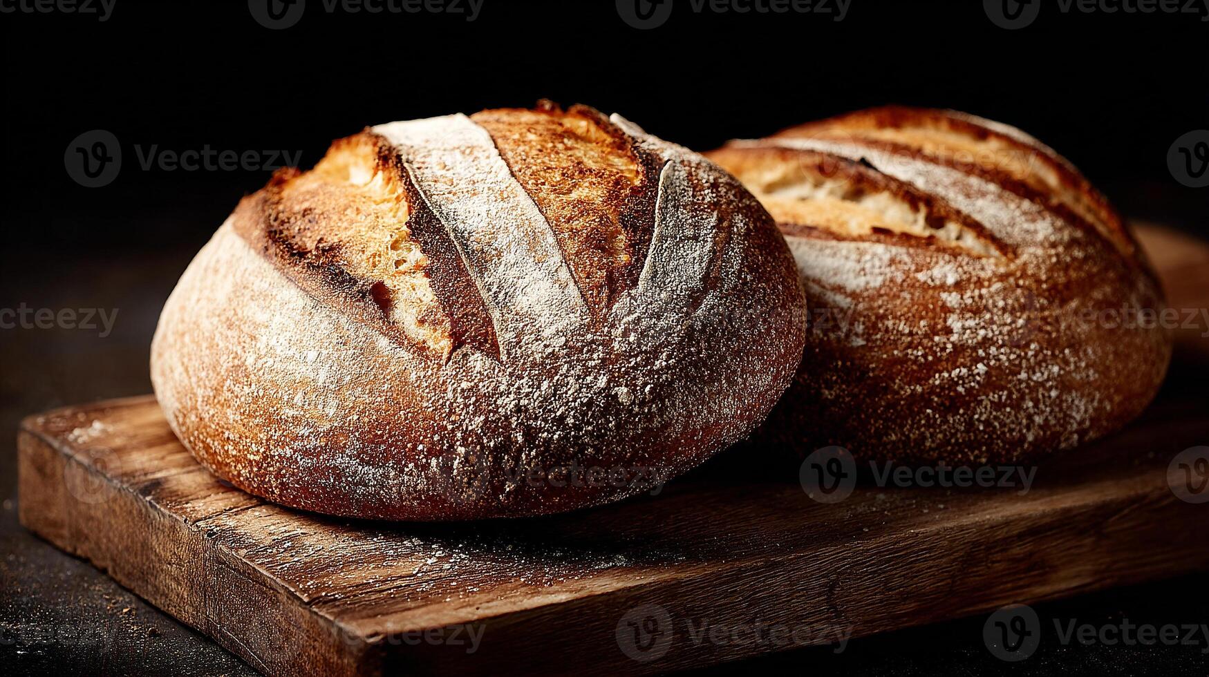 Artisan bread on kitchen table in warm window light photo