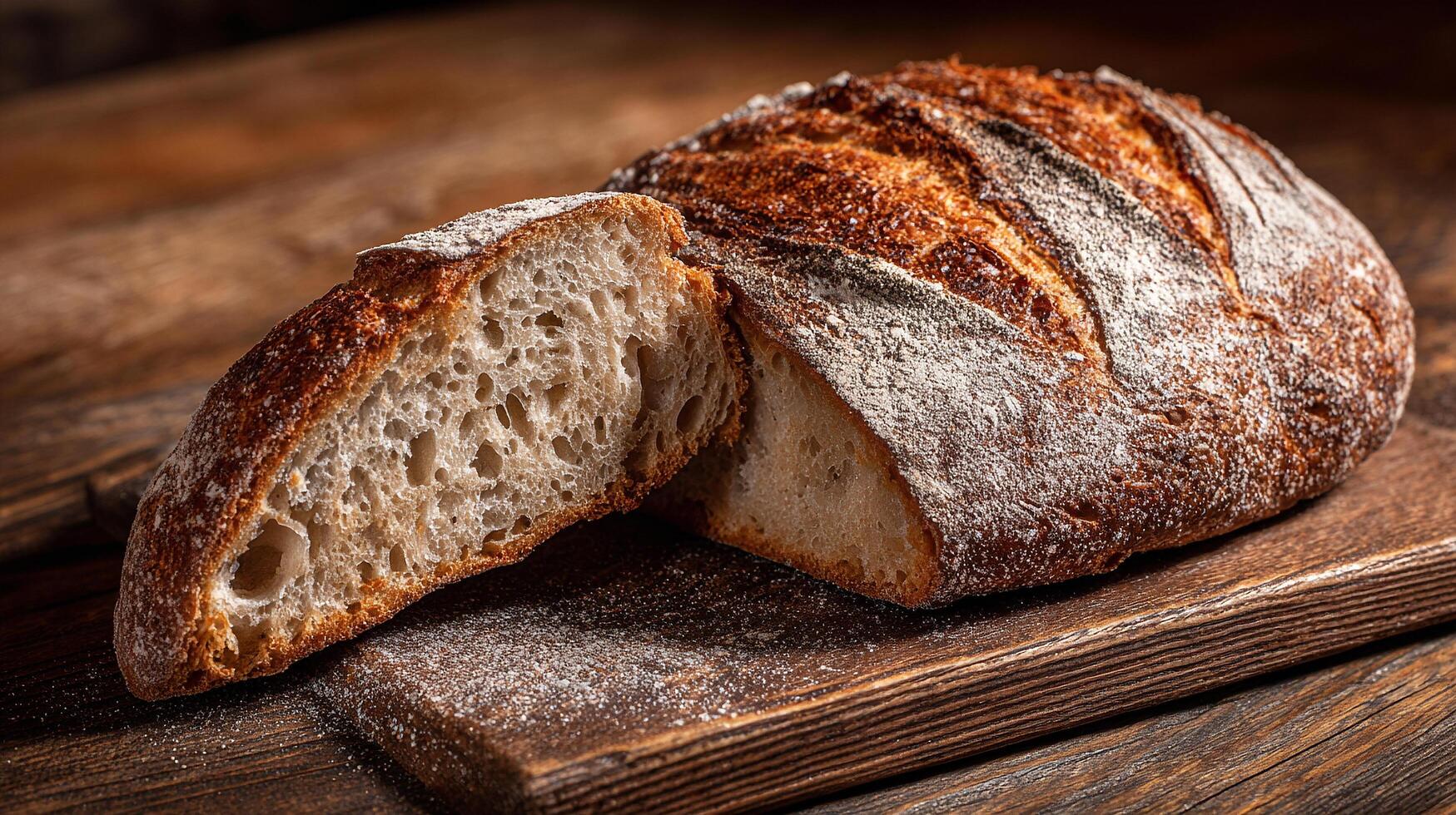 Bread with crispy top and golden texture in sunlight photo