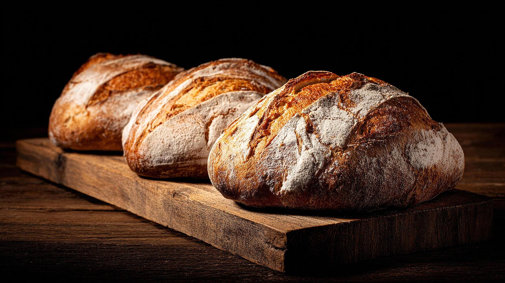 Warm crusty bread resting on rough wooden backdrop photo