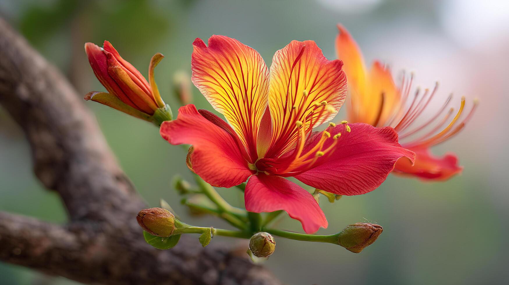 Lush macro photo of flower on spring branch with bokeh