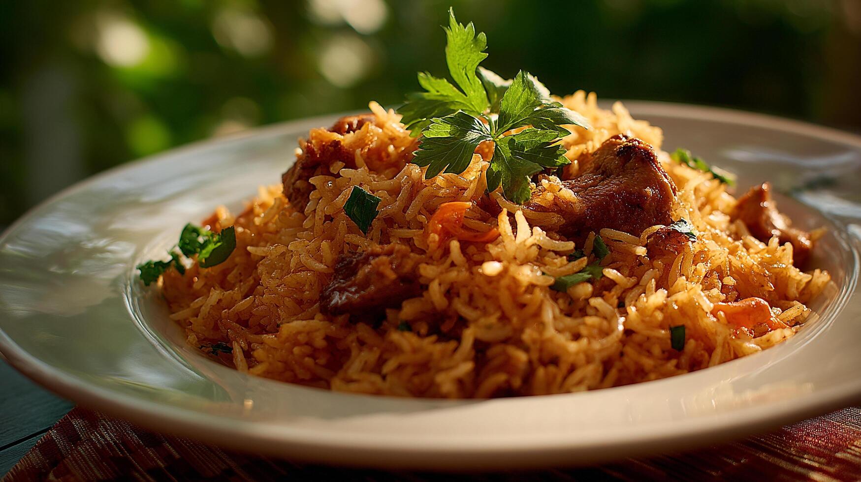Biryani rice with saffron and chicken in full sharp focus photo
