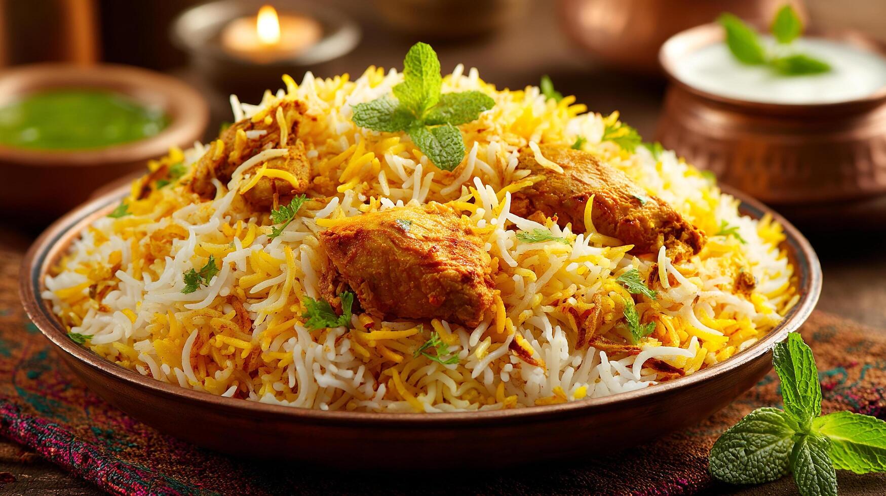 Authentic biryani plated neatly with high definition texture photo