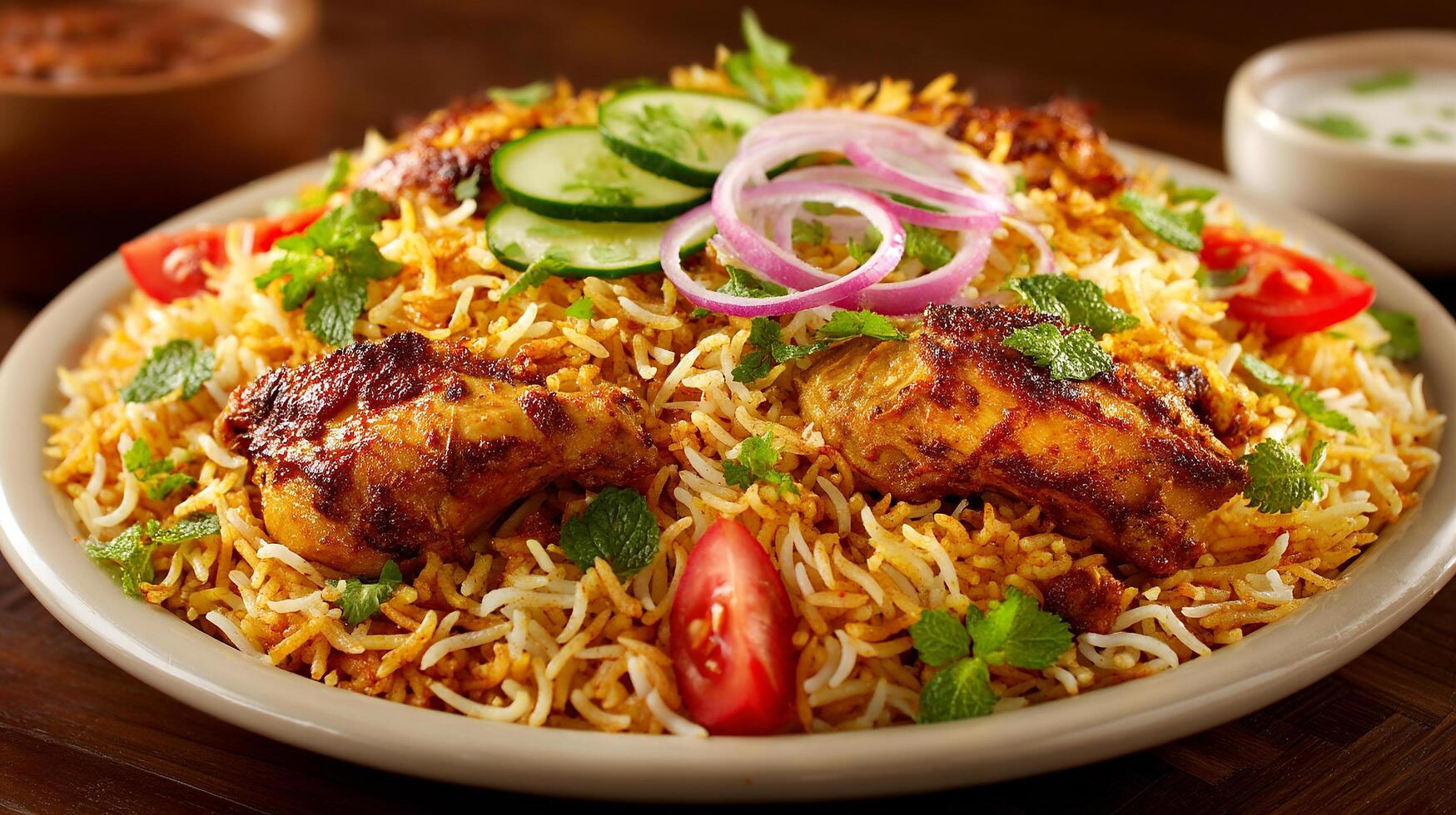 Fresh biryani with visible spices and juicy chicken leg photo
