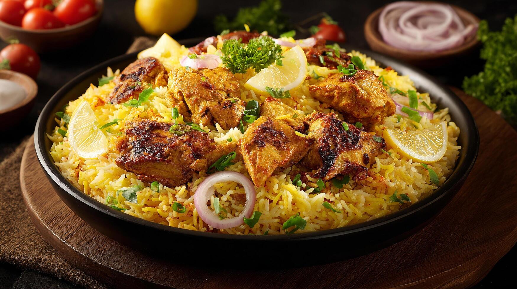 Biryani with sharp textures and visible roasted chicken pieces photo