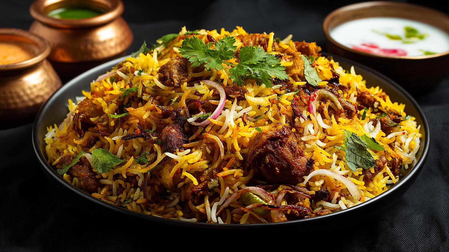 Chicken biryani plated with basmati rice and red chili garnish photo