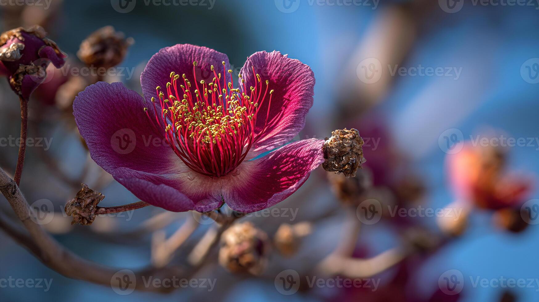 Realistic flower close up on tree with warm sunlight photo