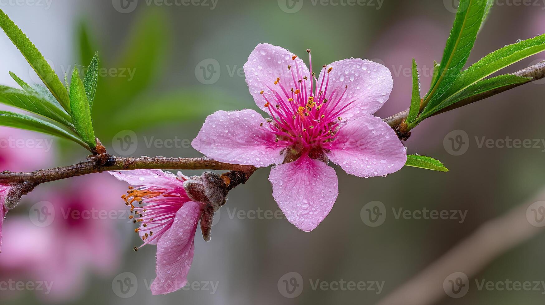 Flower photo on tree branch with vivid petals and textures