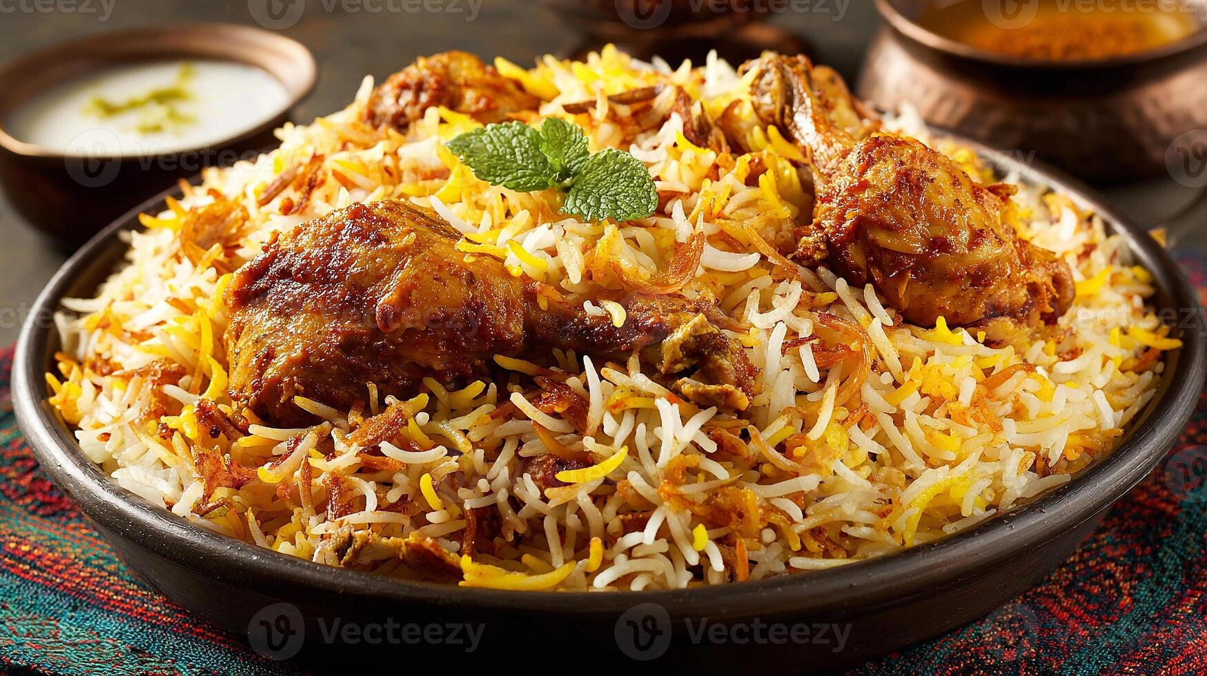 Chicken biryani plate on wooden table with side garnish photo