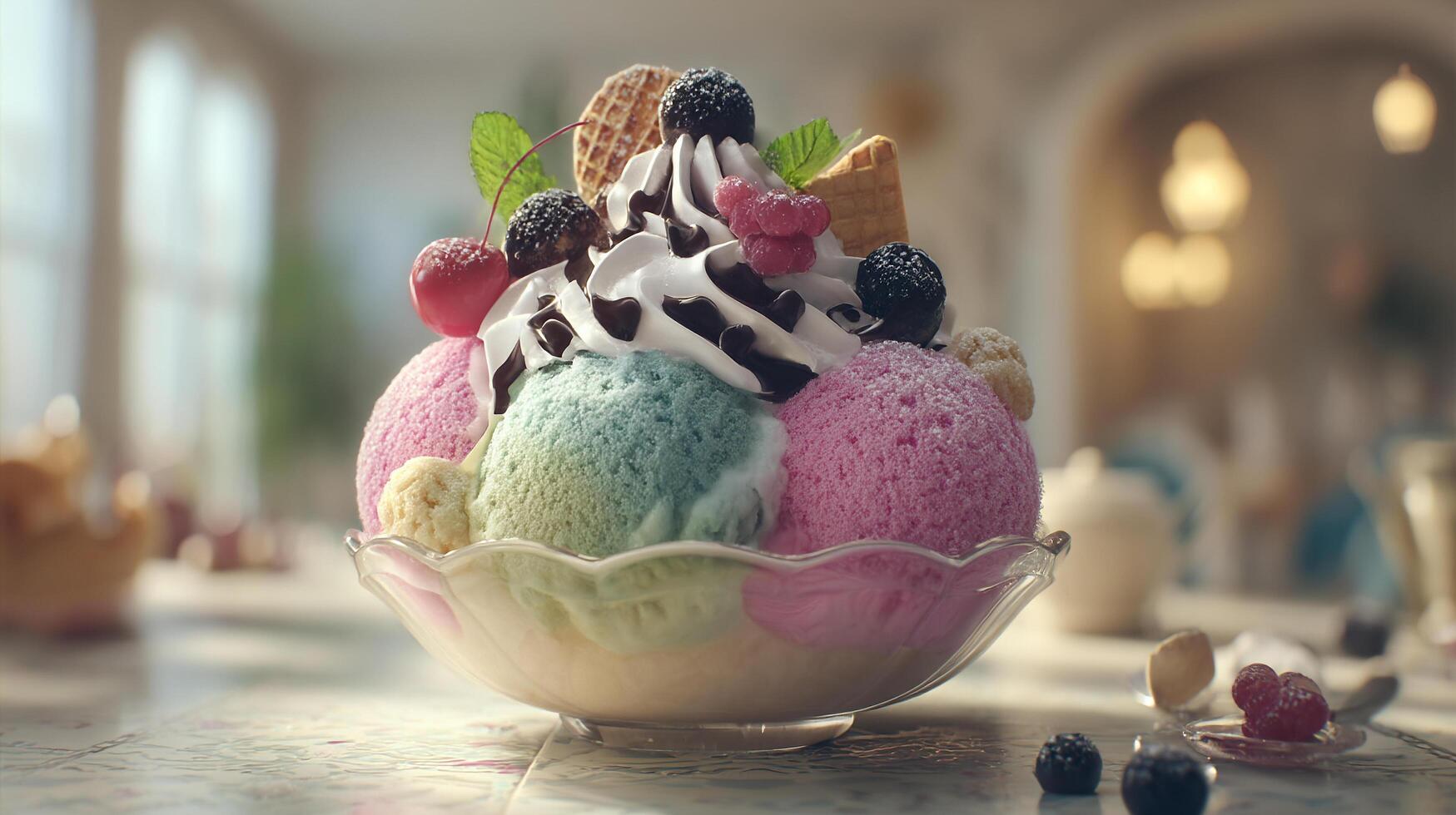 Realistic texture ice cream with sprinkles and nuts on top photo