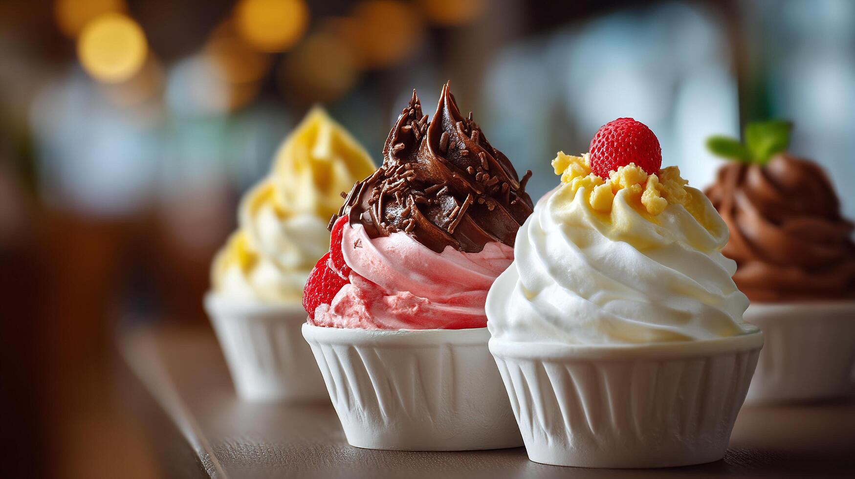 Indoor photo of multi flavor ice cream with fruit and nuts
