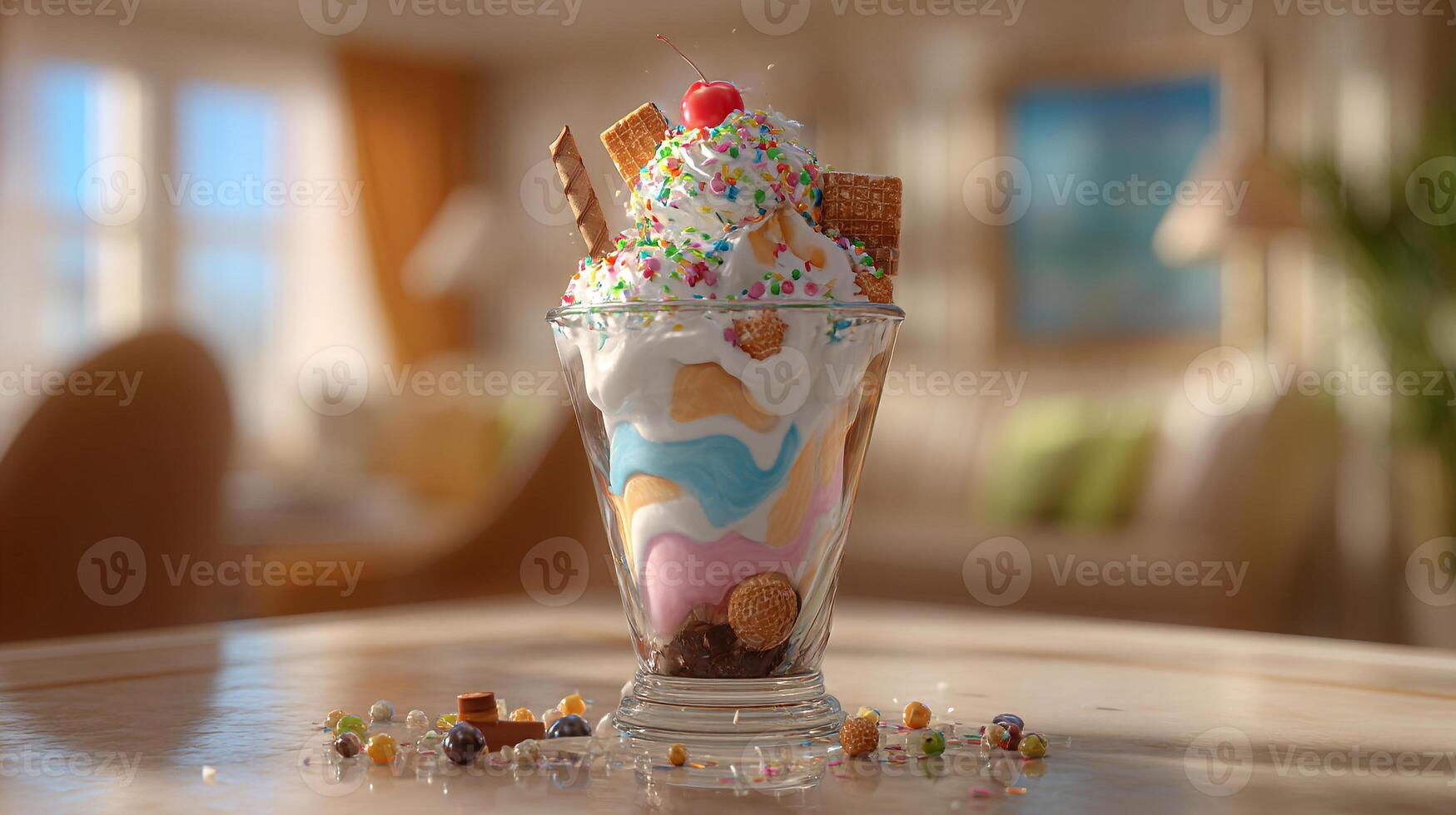 Indoor photo of ice cream with natural lighting and fresh toppings