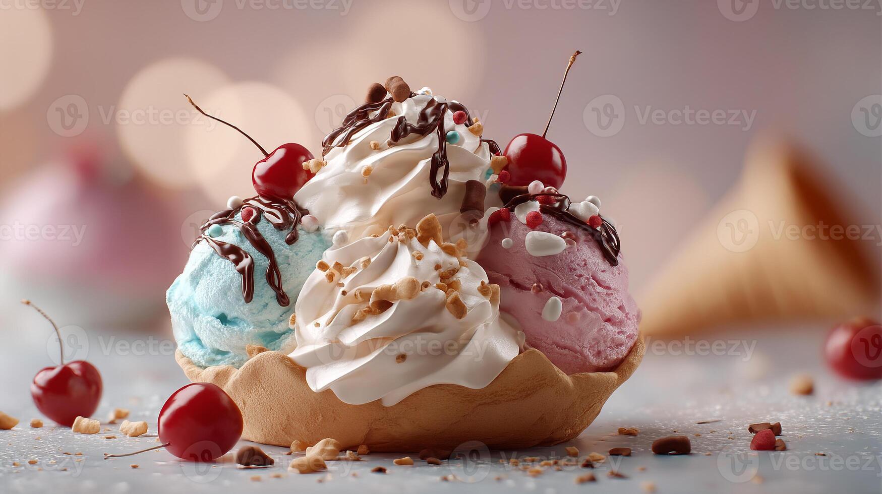 Indoor photo of ice cream with chocolate syrup and fruit toppings