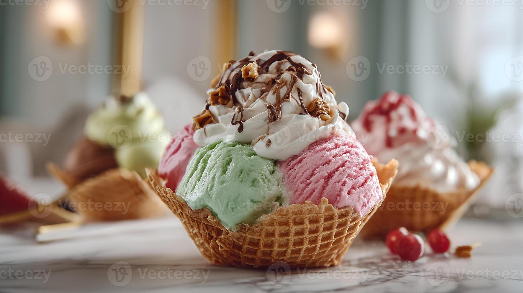 Photorealistic image of ice cream with multi flavor and fruit toppings photo