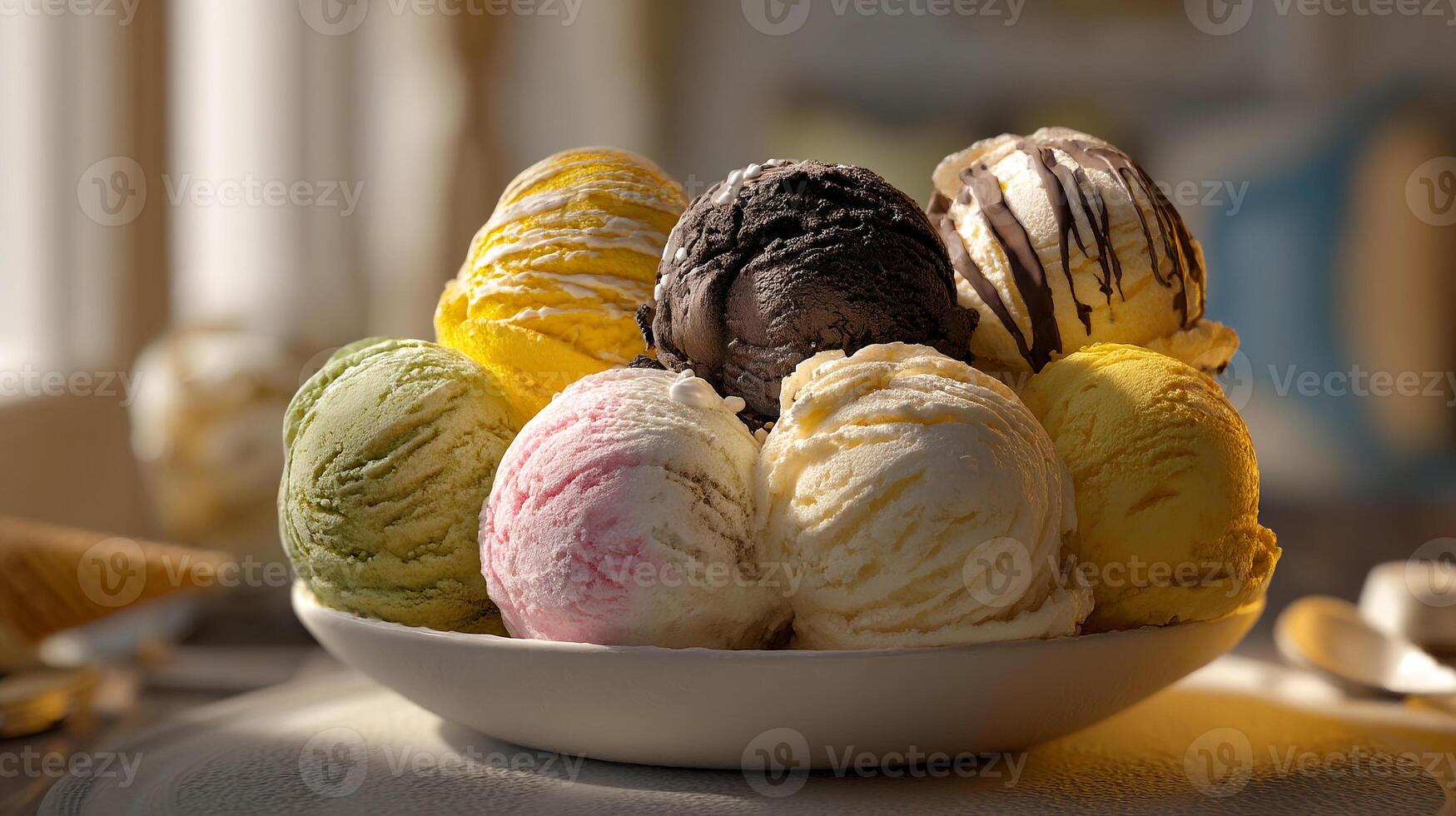 Natural light photo of multi flavor ice cream with nuts toppings