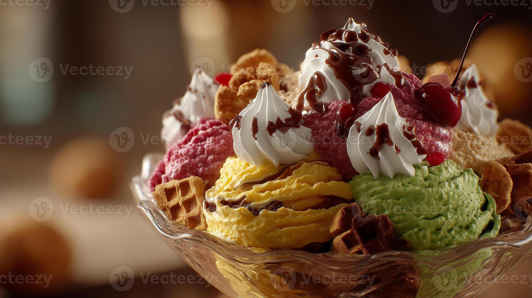 Photorealistic ice cream scoop with fruit nuts and chocolate drizzle photo