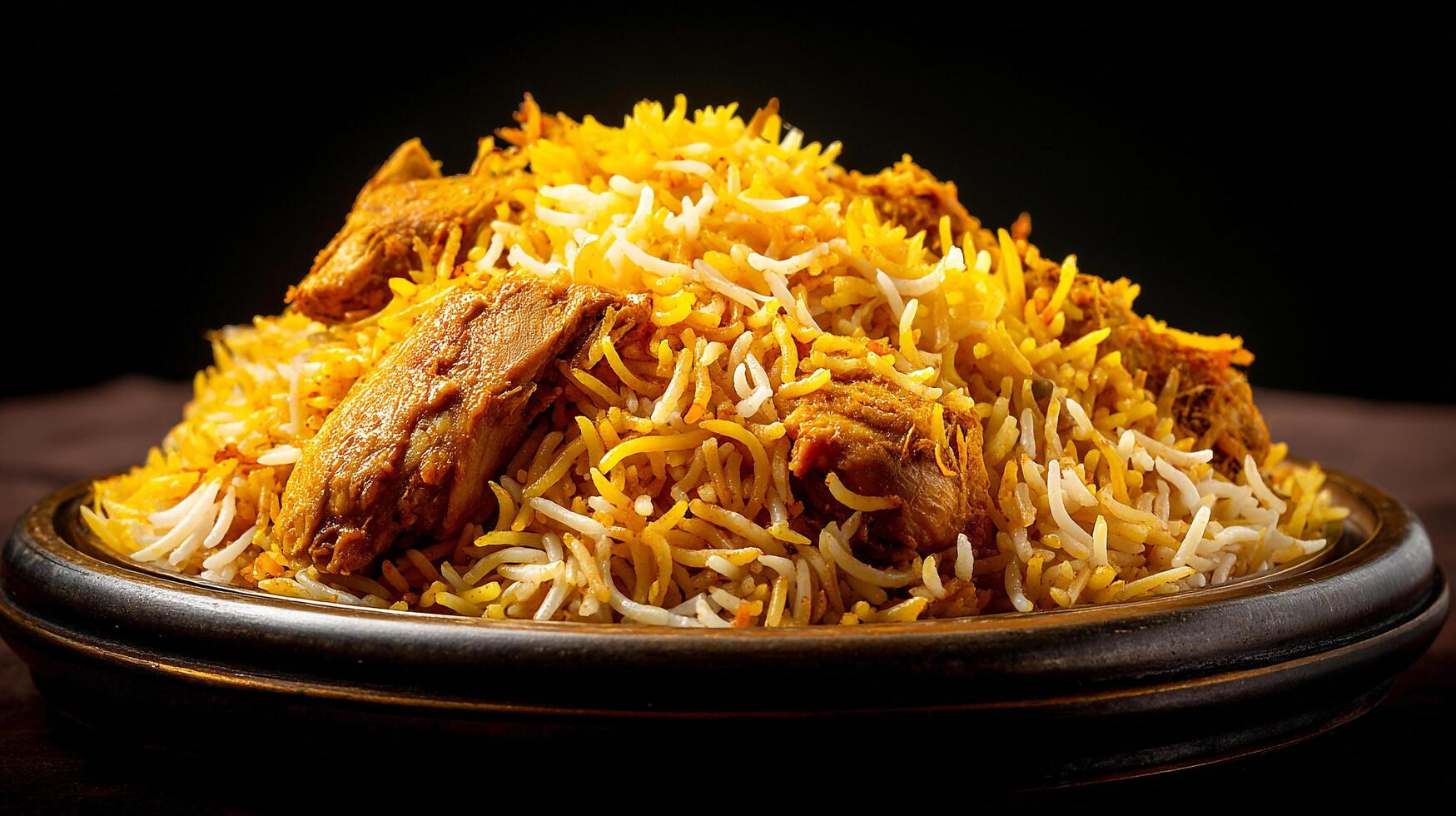 Steamy hot biryani photo served with garnishing and salad