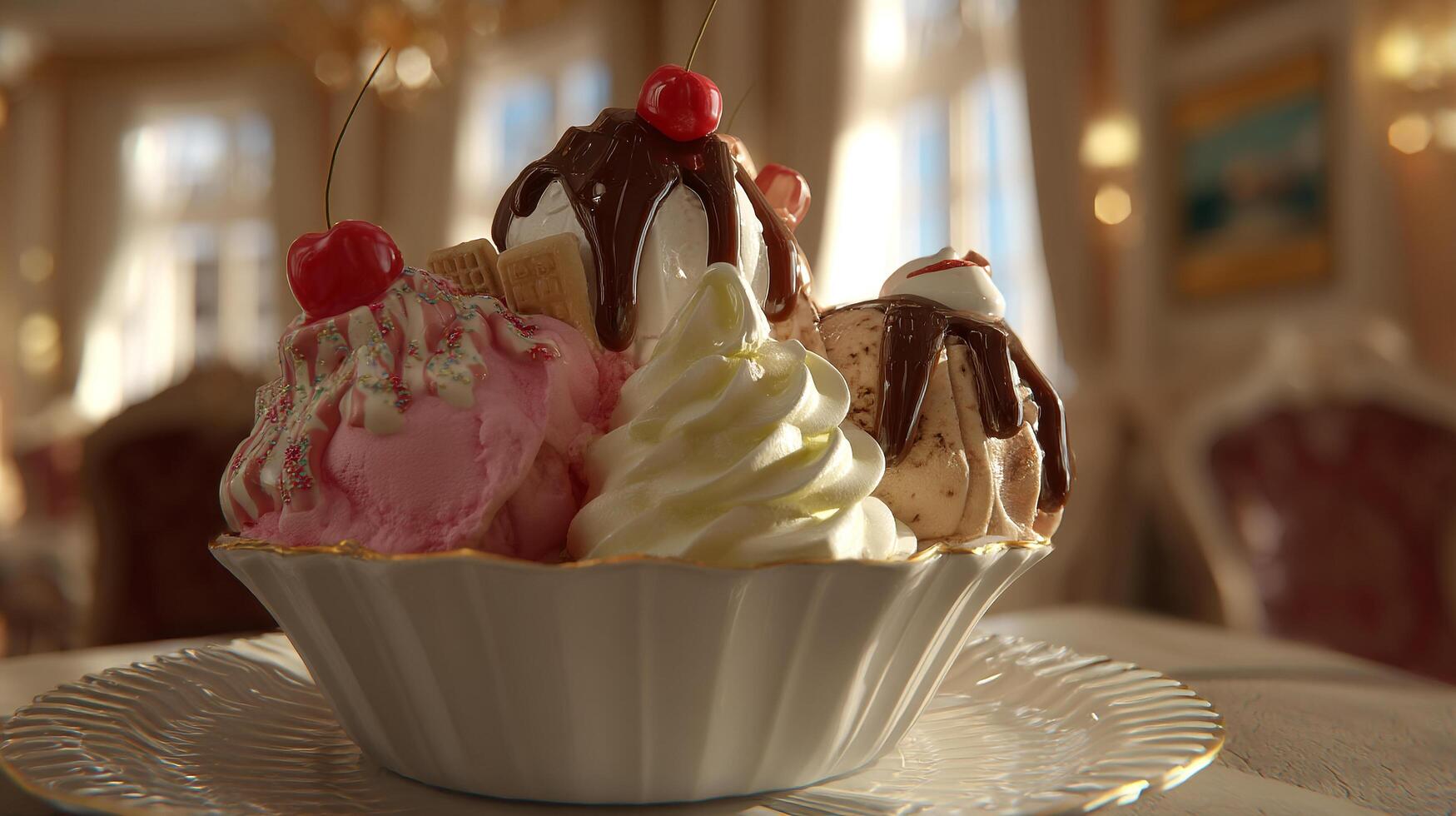 High resolution close up of ice cream with multi flavor creamy texture toppings photo