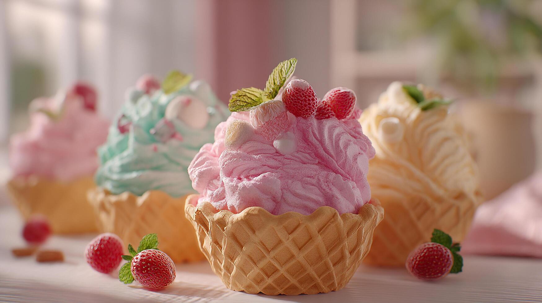 Photorealistic image of ice cream with syrup chocolate and fruit toppings photo