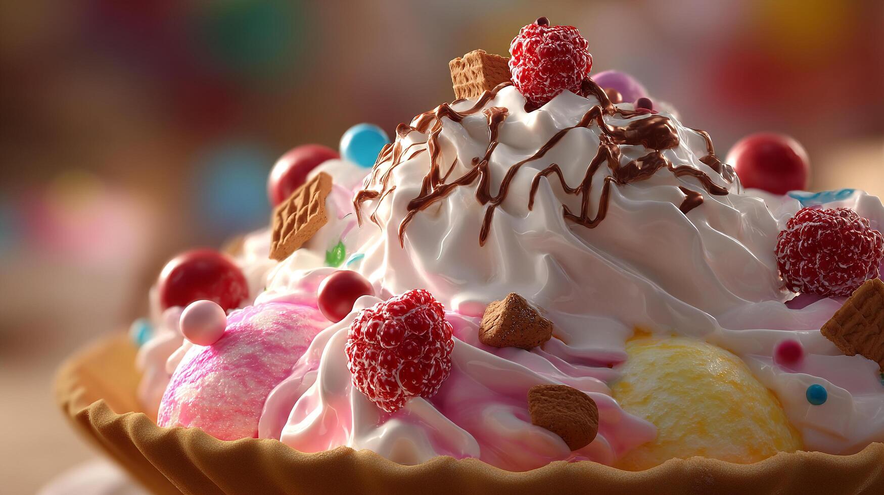 Realistic close up of ice cream with natural lighting colorful toppings and syrup photo