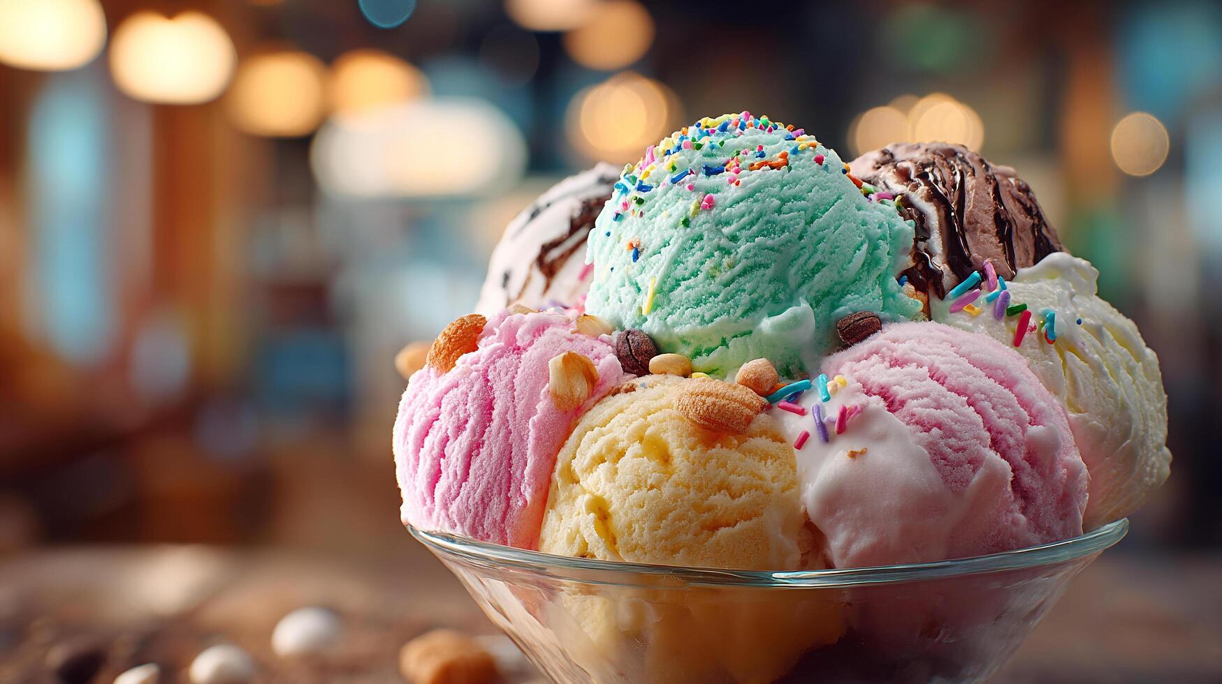 Natural light photo of ice cream with chocolate syrup berries and nuts toppings